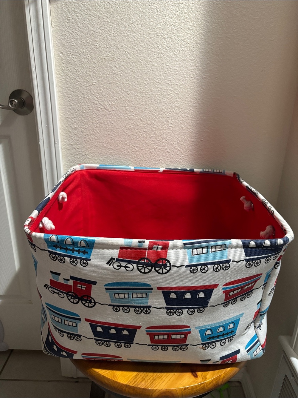 Kids Train Pattern Storage Bin - Red Interior